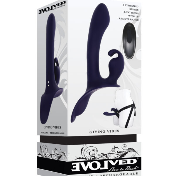 Evolved Giving Vibes Strap-On Bunny Eared Stimulator w-Remote Control - Purple